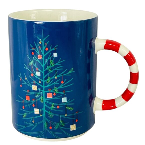 Starbucks Christmas Tree Ceramic Mug 12 Oz Blue Tree With Candy Cane Handle - Picture 1 of 6